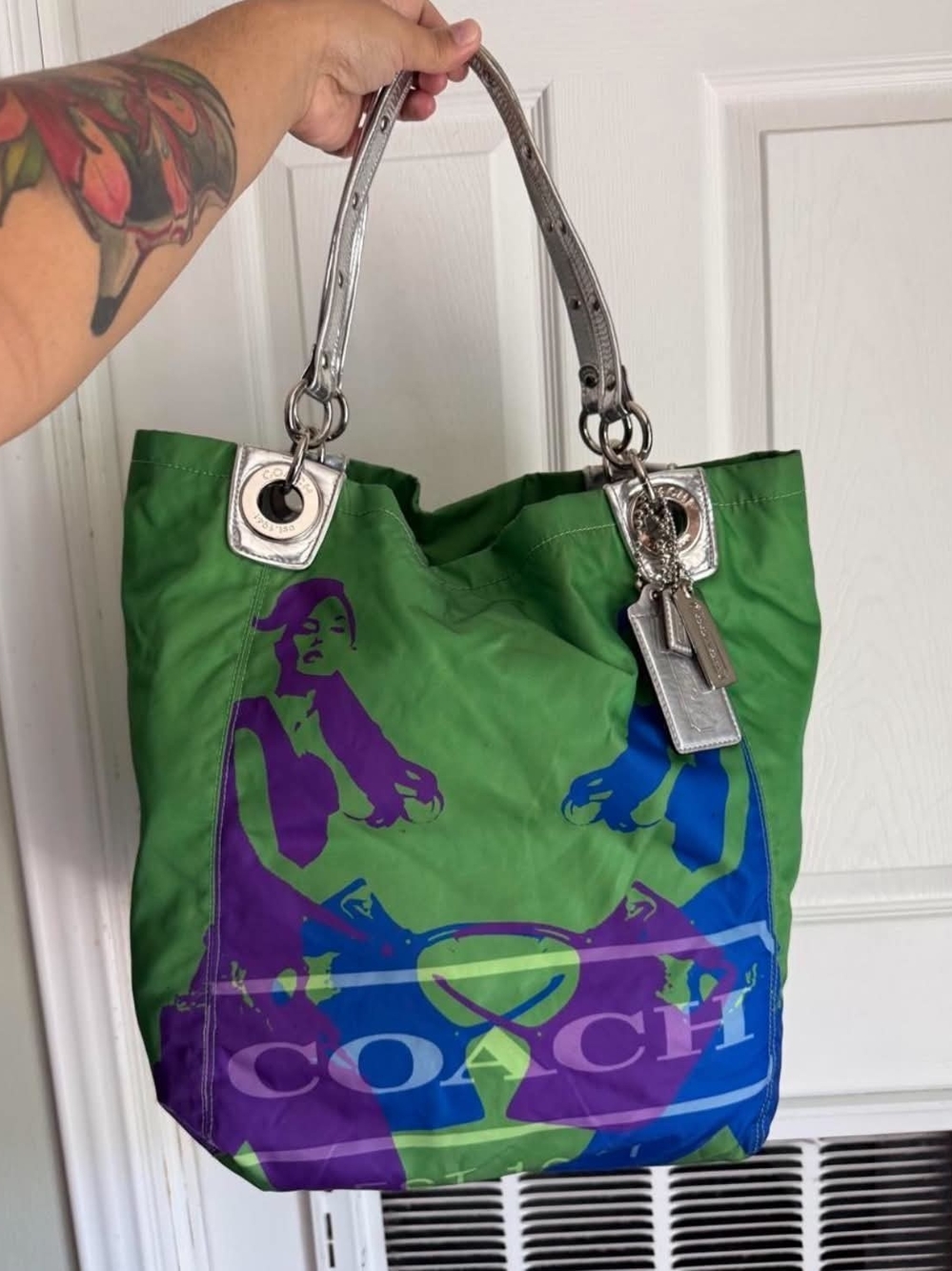 Coach Green Shoulder Tote with Purple and Blue Graphic